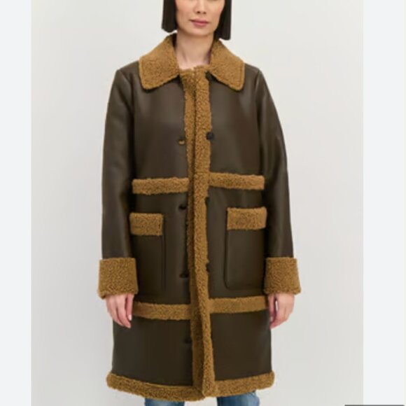 NWT Bearpaw Sherpa Mixed Media Long Jacket Coat Pockets Chocolate Brown - Picture 3 of 8